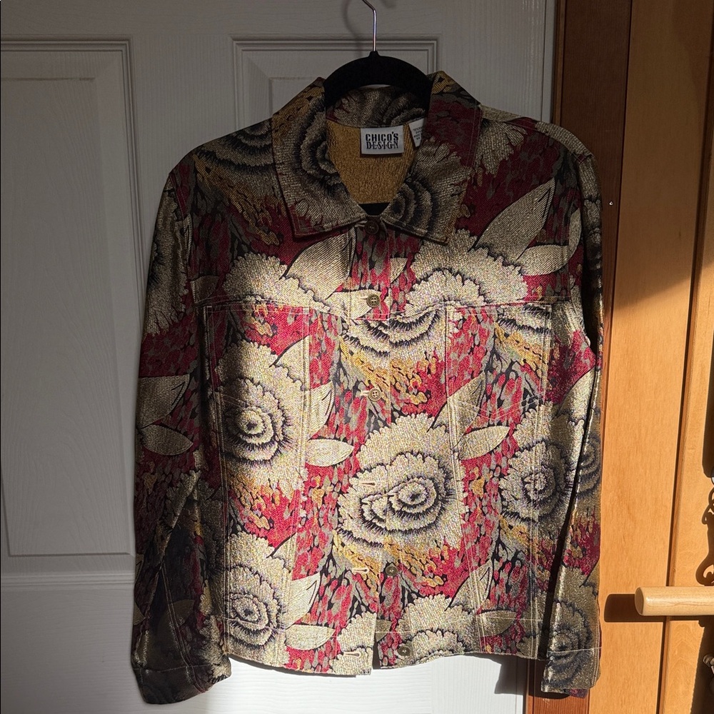 Chico's Design Gold and Red Floral Jacket
